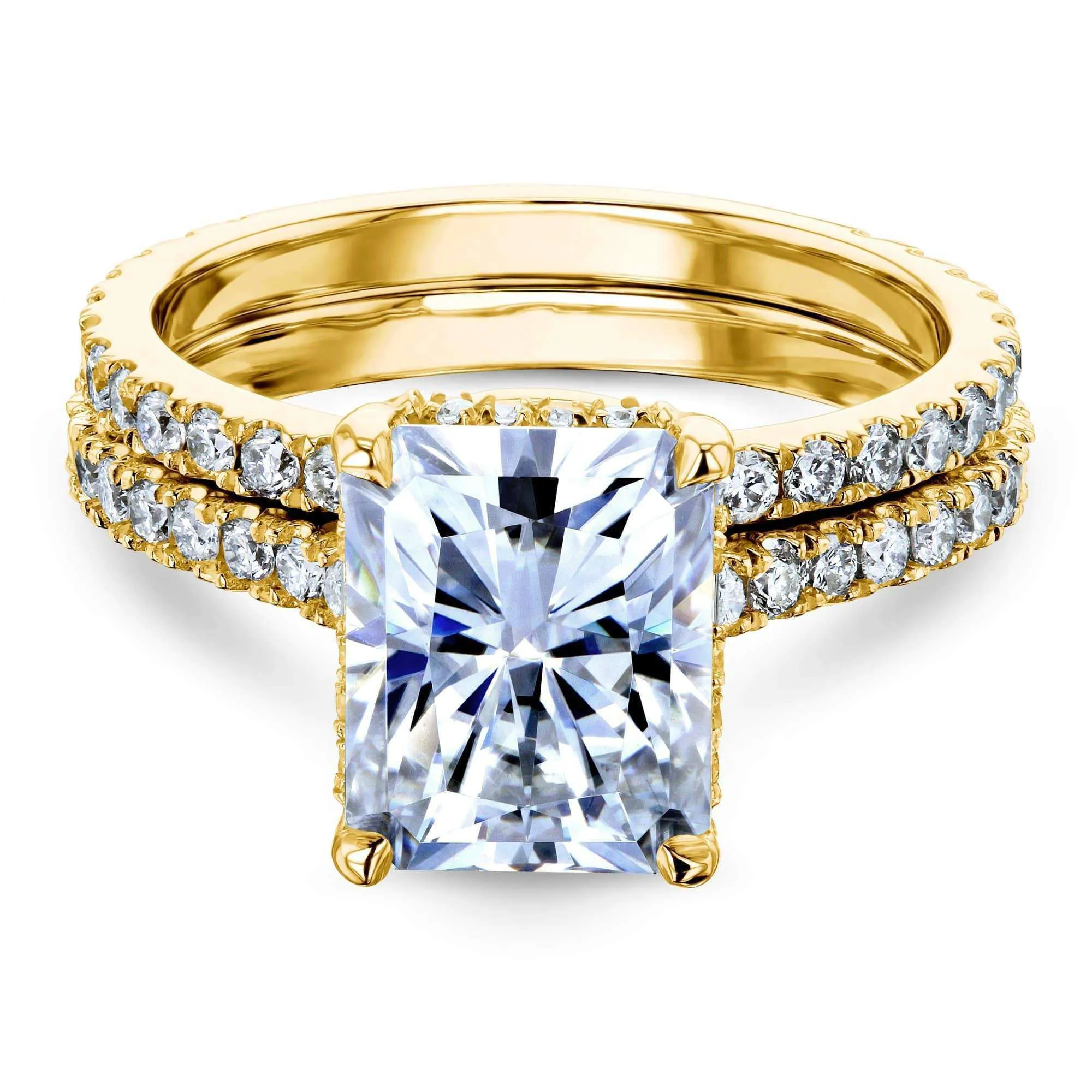 2.7ct Radiant Forever One Moissanite Drop Halo Bridal Set - Notched Band