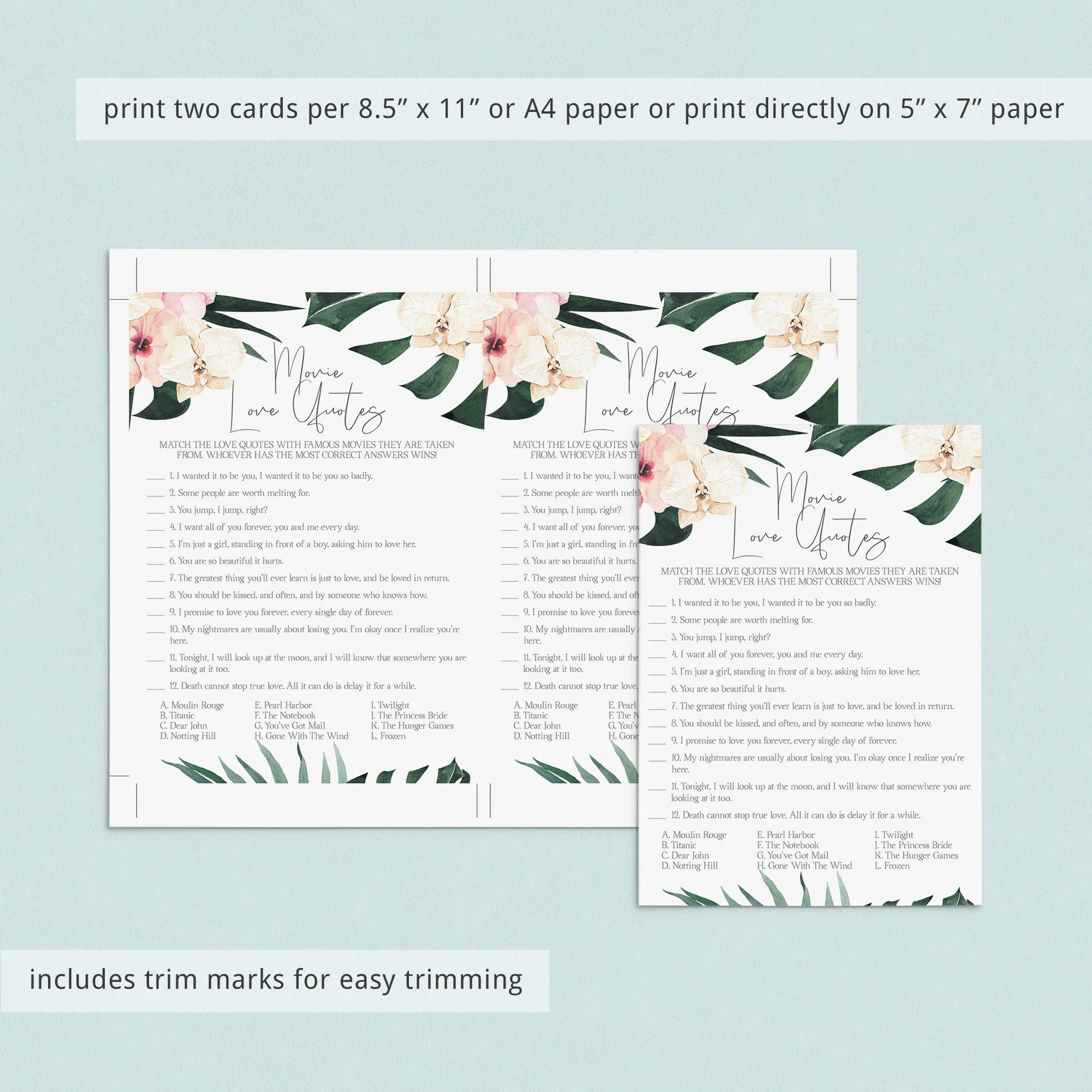 Bridal Shower Romantic Movie Quiz Printable