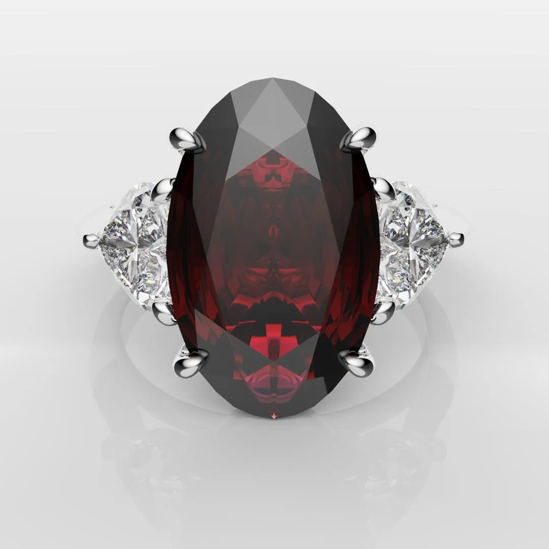 Oval Ruby and Heart Diamond Trilogy Engagement Ring