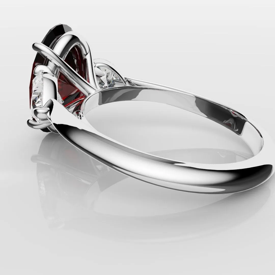 Oval Ruby and Heart Diamond Trilogy Engagement Ring