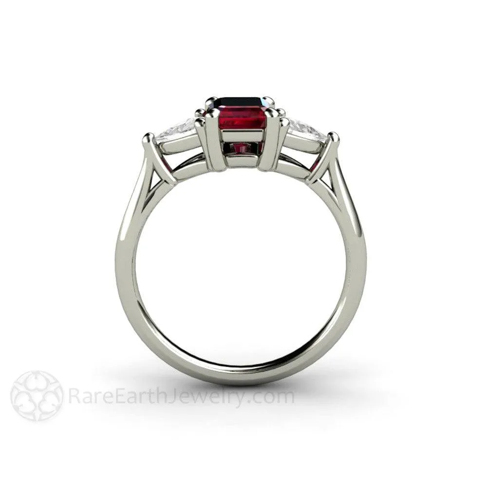 Ruby Emerald Cut Engagement Ring 3 Stone White Sapphire Trillions