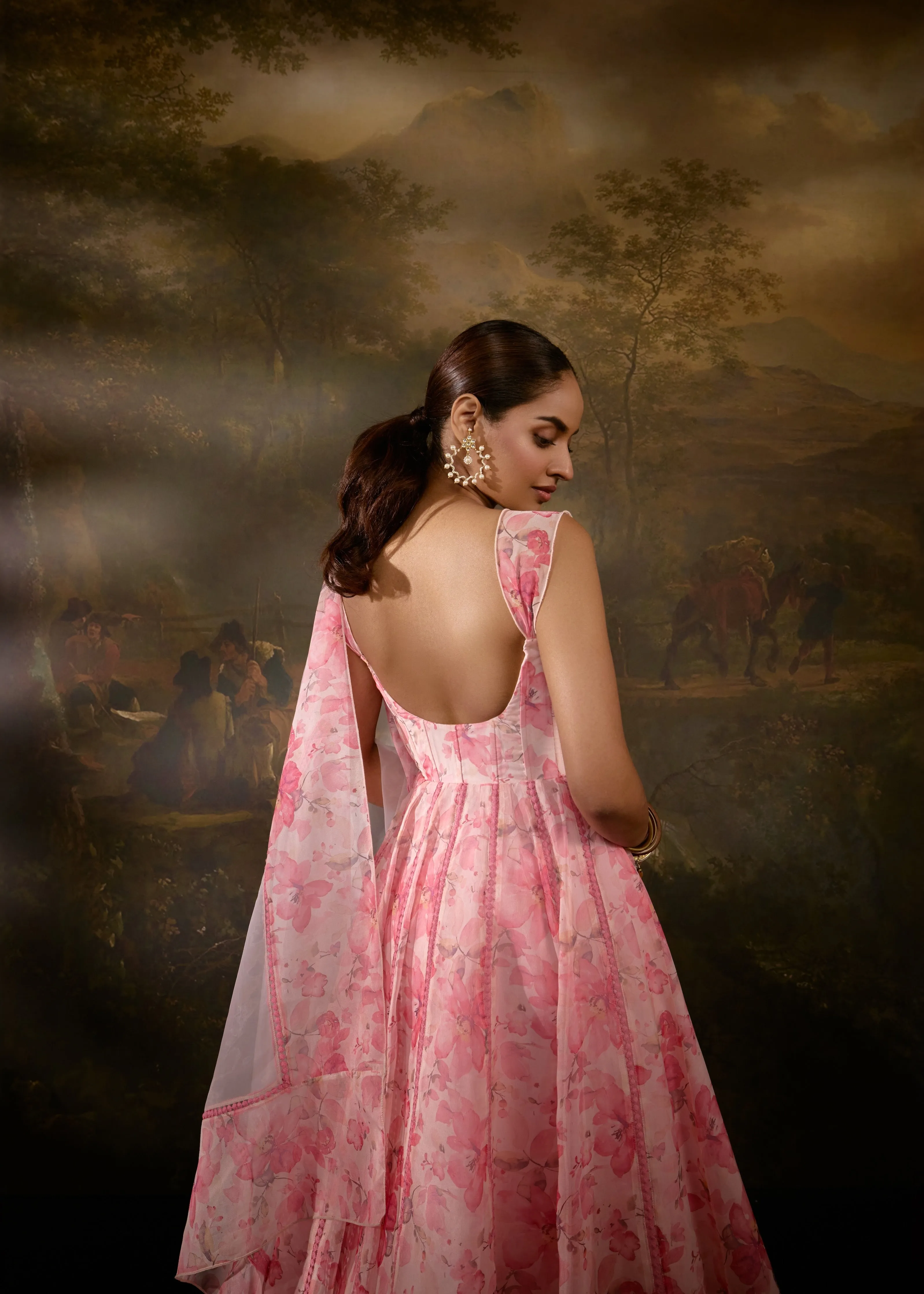 Tanvee Pink Floral Printed Corset Anarkali Suit