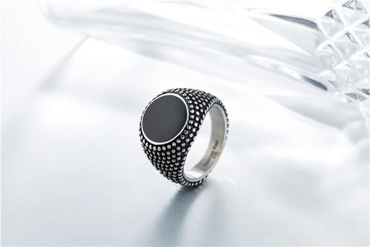 Vintage Black Gemstone Titanium Steel Men's Ring by Planderful Collection
